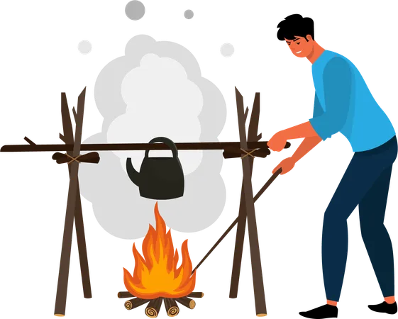 Joven preparando comida en un camping  Ilustración