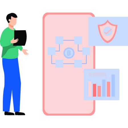 Joven profesional viendo blockchain bitcoin en dispositivos móviles  Ilustración