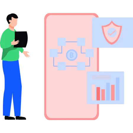 Joven profesional viendo blockchain bitcoin en dispositivos móviles  Ilustración