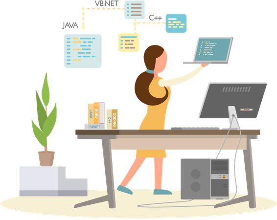 Programadora joven trabajando y corrigiendo errores en el proyecto.  Ilustración