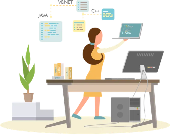 Programadora joven trabajando y corrigiendo errores en el proyecto.  Ilustración