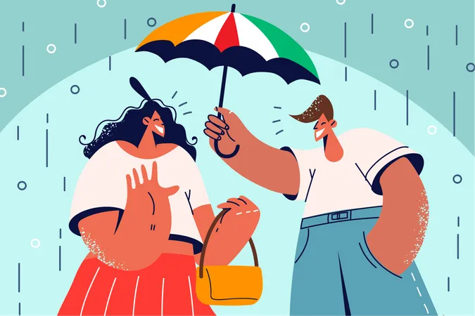 El joven protege a la mujer de la lluvia  Ilustración