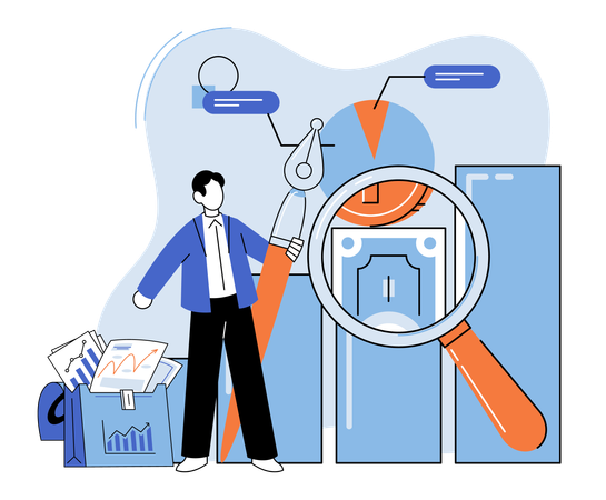 Un joven que realiza una investigación de mercado destaca la importancia de la atención al cliente  Ilustración