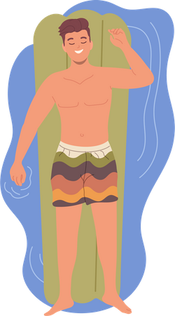 Un joven relajado nadando en un colchón inflable en la piscina  Ilustración