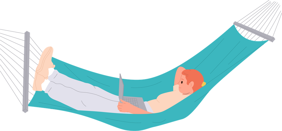 Un joven relajado viendo videos en una computadora portátil tumbado en una hamaca  Ilustración