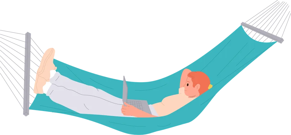 Un joven relajado viendo videos en una computadora portátil tumbado en una hamaca  Ilustración