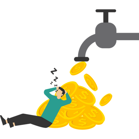 Un joven rico durmiendo por la noche en un grifo de tubería con papel moneda fluyendo  Ilustración