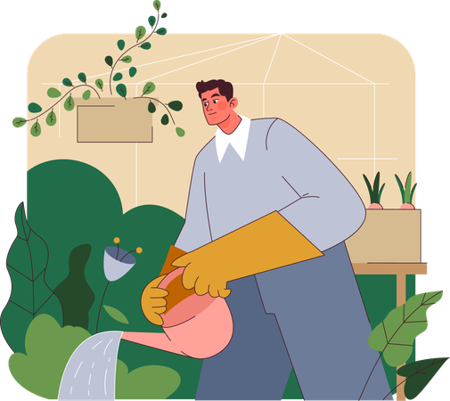 Joven regar las plantas en el jardín  Ilustración