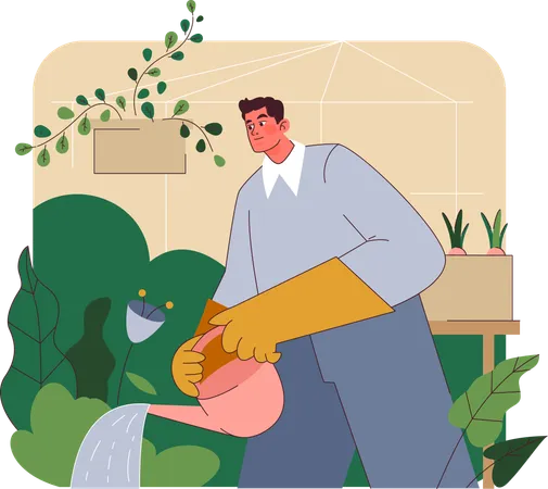 Joven regar las plantas en el jardín  Ilustración