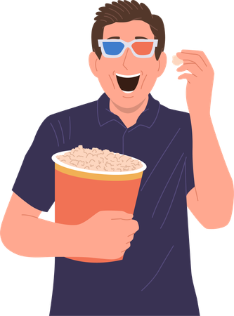 Joven riendo con gafas comiendo palomitas de maíz mientras ve una película de cine  Ilustración