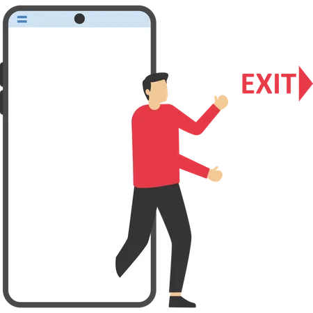 Joven saliendo de la pantalla del teléfono móvil  Ilustración