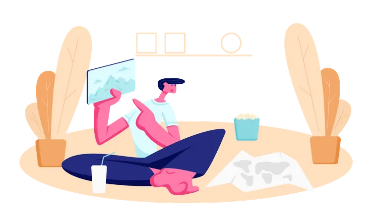 Hombre joven sentado en el suelo en casa con bebida fría  Ilustración