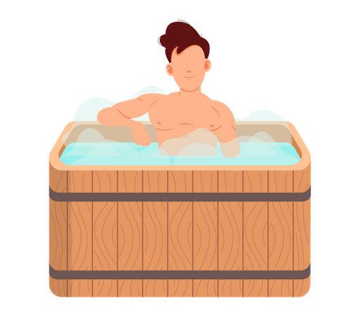 Joven sentado en la bañera lavándose el cuerpo en la sauna  Ilustración