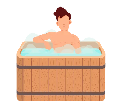 Joven sentado en la bañera lavándose el cuerpo en la sauna  Ilustración