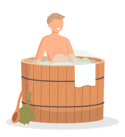 Joven sentado en la bañera lavándose el cuerpo en la sauna  Ilustración