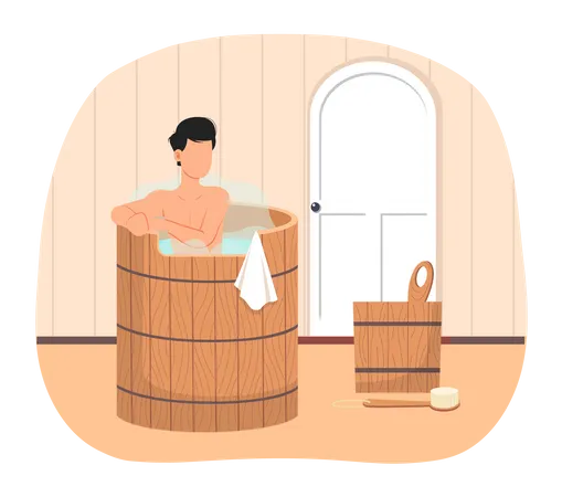 Joven sentado en la bañera lavándose el cuerpo en la sauna  Ilustración