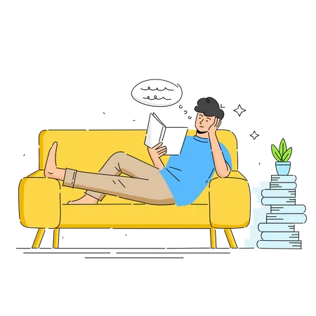 El joven se sienta en un sillón y lee un libro  Illustration