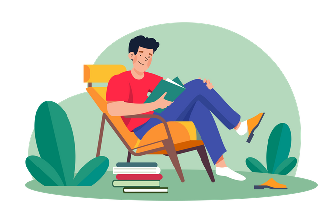 El joven se sienta en un sillón y lee un libro  Illustration