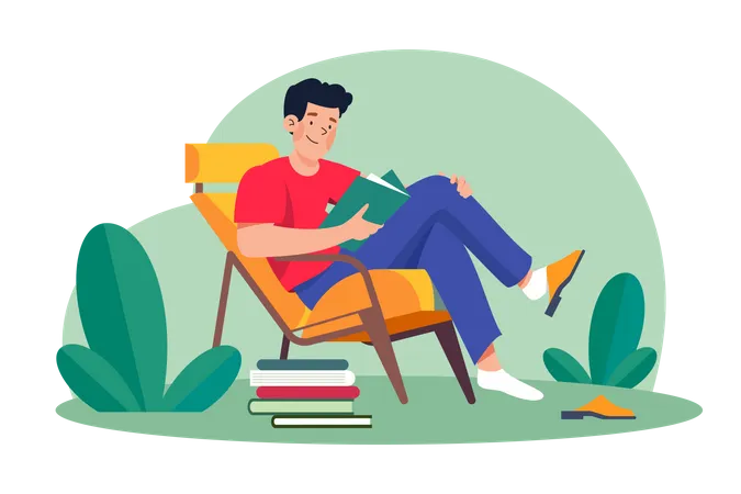 El joven se sienta en un sillón y lee un libro  Illustration