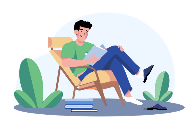 El joven se sienta en un sillón y lee un libro  Illustration