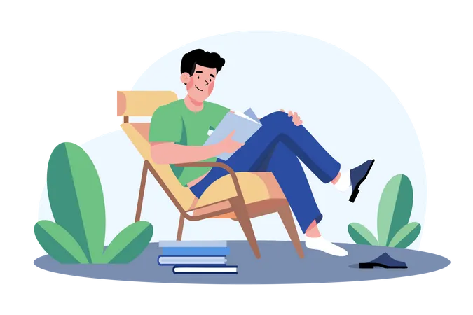 El joven se sienta en un sillón y lee un libro  Illustration