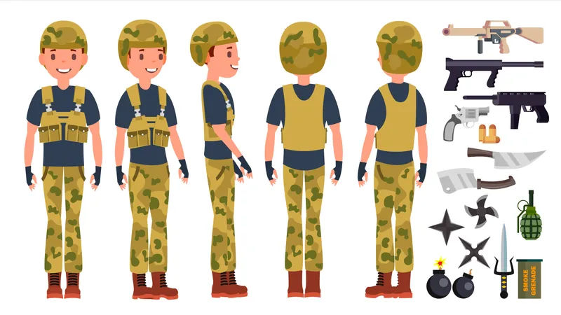 Hombre joven soldado del ejército con pose diferente  Ilustración