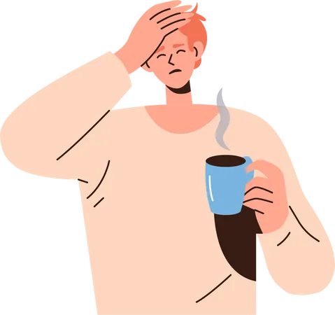 Un joven somnoliento bebiendo café que sufre de tensión en el dolor de cabeza  Ilustración