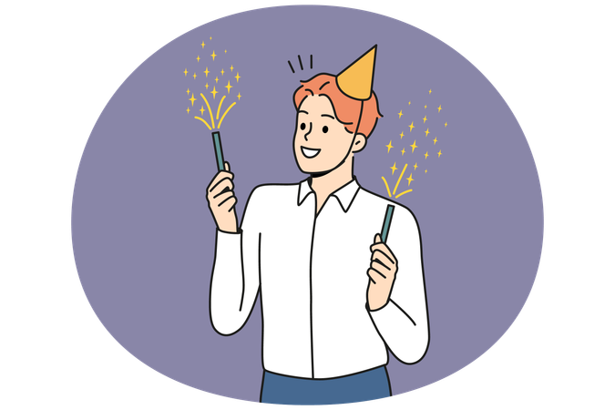 Joven sonriente con sombrero de cumpleaños sosteniendo bengalas celebrando  Ilustración