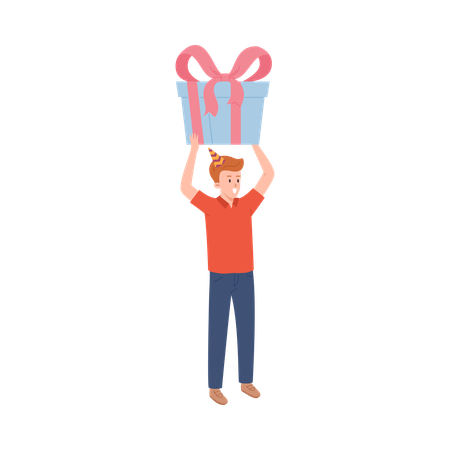 Joven sonriente con sombrero de fiesta de cono sosteniendo una gran caja de regalo sobre la cabeza  Ilustración