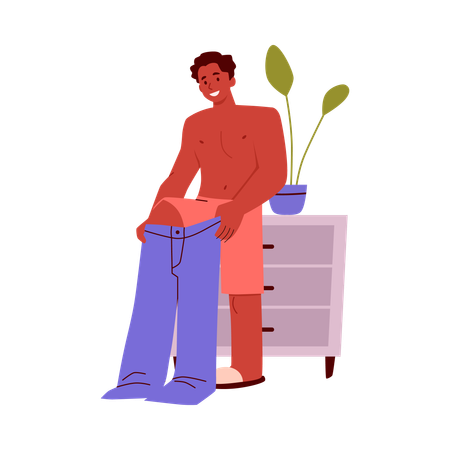 Un joven sonriente se pone los pantalones.  Ilustración