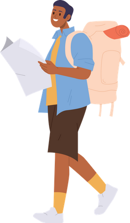 Un joven viajero sonriente con mochila sosteniendo un mapa de papel caminando  Ilustración