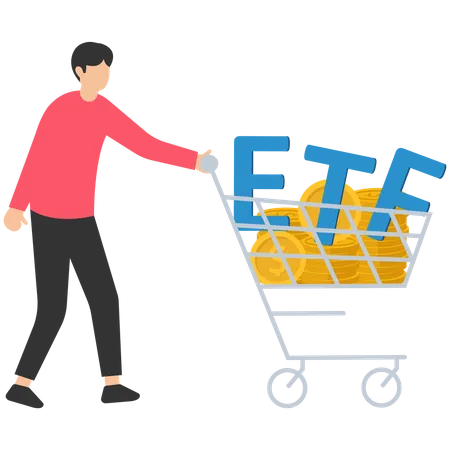 Hombre joven sosteniendo carrito de compras etf  Ilustración