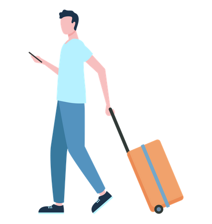 Joven sosteniendo móvil y bolsa de viaje  Ilustración
