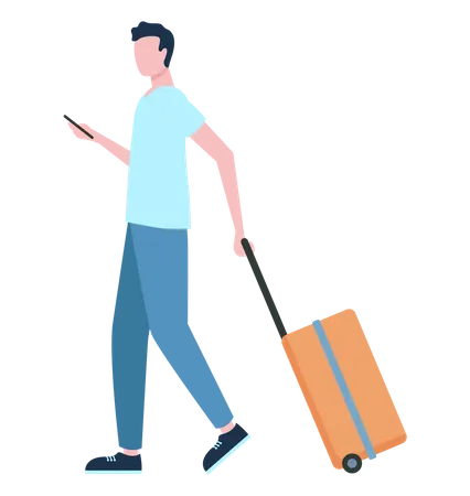 Joven sosteniendo móvil y bolsa de viaje  Ilustración