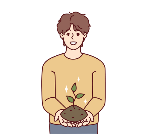 Joven sosteniendo la planta en la mano  Ilustración