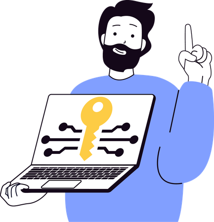 Joven sosteniendo una computadora portátil mientras muestra la clave de seguridad  Ilustración