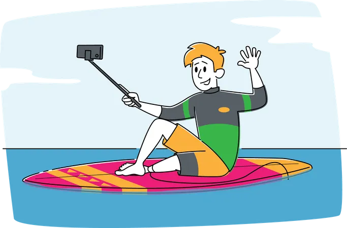 Joven surfista en traje de baño sentado en una tabla de surf en el mar haciendo selfie en un teléfono inteligente  Ilustración