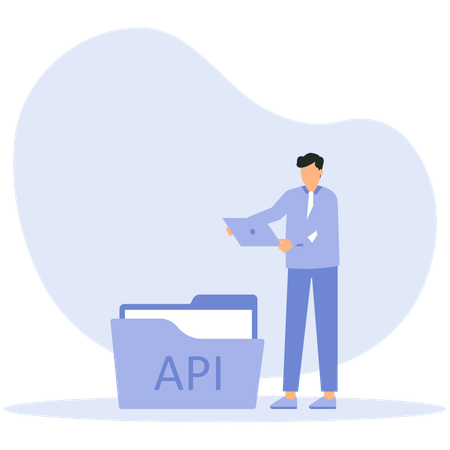 Joven trabajando en una aplicación api  Ilustración
