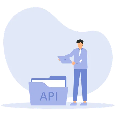 Joven trabajando en una aplicación api  Ilustración