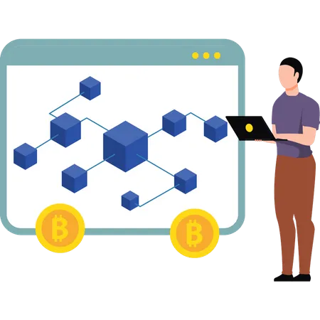 Joven trabajando en blockchain Bitcoin  Ilustración