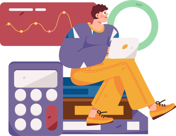 Joven trabajando en análisis y presupuesto empresarial  Ilustración