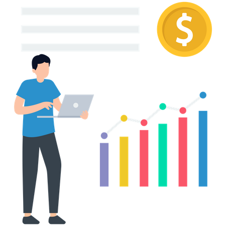 Joven trabajando en pronóstico financiero  Ilustración