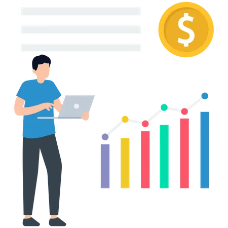 Joven trabajando en pronóstico financiero  Ilustración