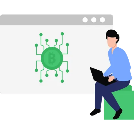 Chico joven trabajando en tecnología Bitcoin  Ilustración