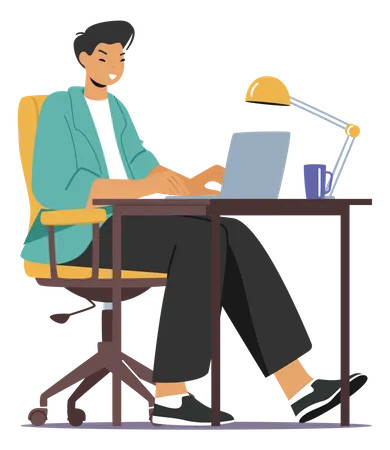 Un joven trabajando en una computadora portátil mientras está sentado en el escritorio  Ilustración