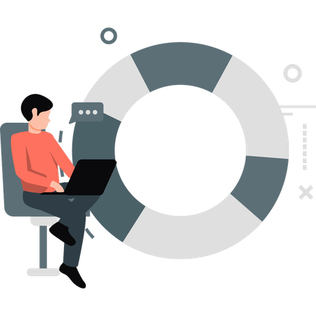 Joven trabajando en una computadora portátil mientras mira un gráfico circular  Ilustración