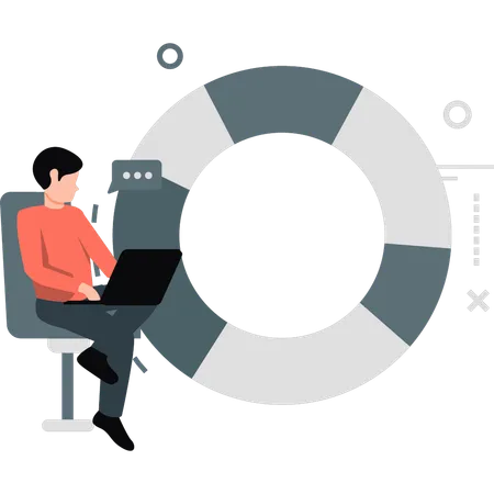 Joven trabajando en una computadora portátil mientras mira un gráfico circular  Ilustración