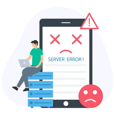 Joven trabajando en una computadora portátil mientras recibe un error de servidor  Ilustración