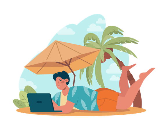 Joven trabajando en una computadora portátil en la playa  Ilustración