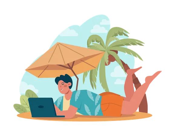 Joven trabajando en una computadora portátil en la playa  Ilustración